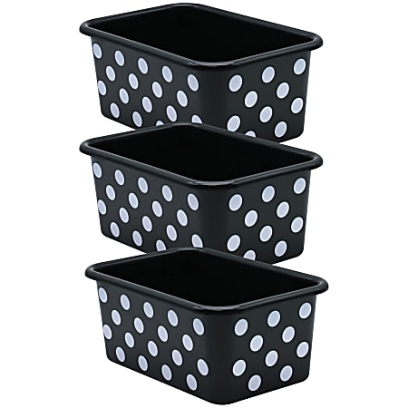 Teacher Created Resources Plastic Storage Bin, Small, White Polka Dots on Black, Pack Of 3