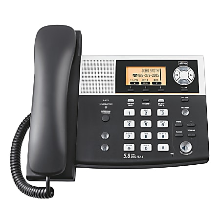 Ativa® D5772 2-Line 5.8GHz Digital Expandable Corded/Cordless Phone System with Answering & Caller ID/Call Waiting, Black/Silver