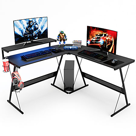 Bestier 65 in. L Shaped Gaming Desk with Monitor Stand Black Carbon Fiber Reversible Computer Desk