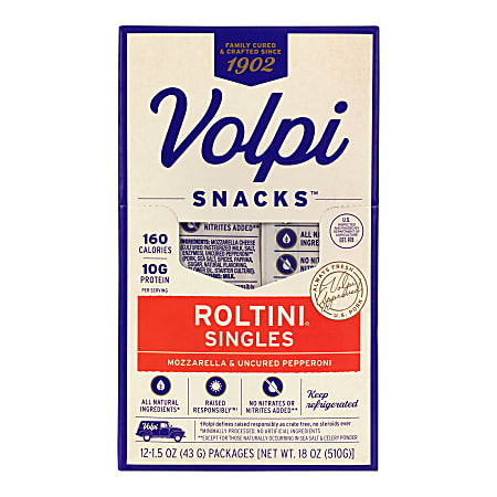 Volpi Roltini Singles, Uncured Pepperoni And Mozzarella, 1.5 Oz, 12 Singles Per Pack, Carton Of 2 Packs
