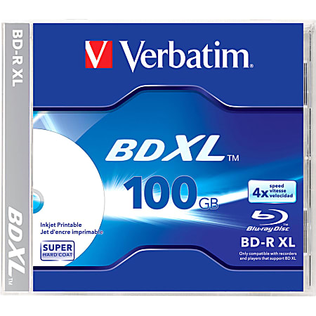 Verbatim BD-R XL 100GB 4X White Inkjet Printable, Hub Printable - 1pk Jewel Case - 100GB - 1pk Jewel Case