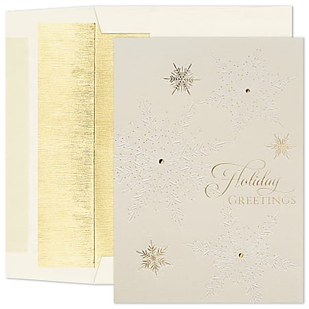 Custom Embellished Holiday Cards And Foil Envelopes, 5-5/8" x 7-7/8", Snowflake Neutrals, Box Of 25 Cards/Envelopes