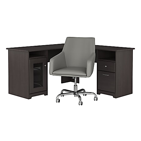 Bush Furniture Cabot 60"W L-Shaped Desk With Mid-Back Leather Box Chair, Heather Gray, Standard Delivery