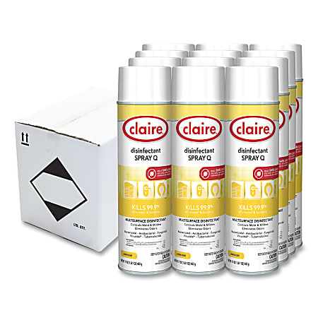 Claire® Spray Q Disinfectant, Lemon Scent, 17 oz Aerosol Spray, Dozen