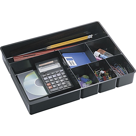 Black Extra Deep Desk Drawer Organizer - Plastic Tray with Seven Bins