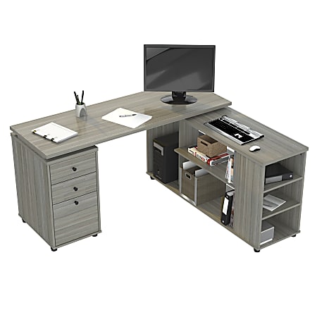 Inval America 60"W L-Shaped Corner Desk With Storage, Smoke Oak