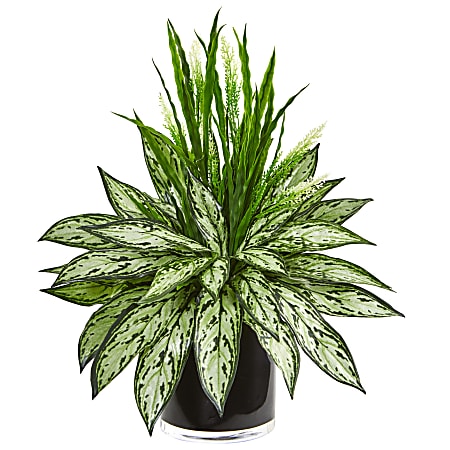 Nearly Natural Silver Queen and Grass 20”H Artificial Plant With Vase, 20”H x 18”W x 18”D, Green/Black