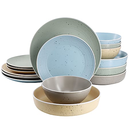Elama Emilia 16-Piece Assorted Double Bowl Stoneware Dinnerware Set, Speckled Multicolor