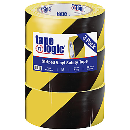 BOX Packaging Striped Vinyl Tape, 3" Core, 2" x 36 Yd., Black/Yellow, Case Of 3