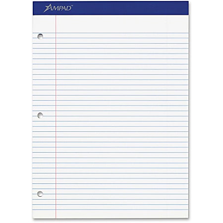 Ampad Perforated 3 Hole Punched Ruled Double Sheet Pad, Letter Size, 100 Sheets, White