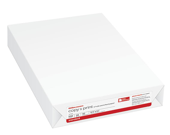 Office Depot® Brand 3-Hole Punched Multi-Use Printer & Copier Paper, Letter Size (8 1/2" x 11"), Ream Of 500 Sheets, 92 (U.S.) Brightness, 20 Lb, White