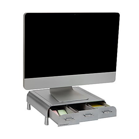 Mind Reader Anchor Collection Plastic Monitor Stand and Desk Organizer with 3 Storage Drawers, 4"H x 13"W x 13-1/2"L, Silver