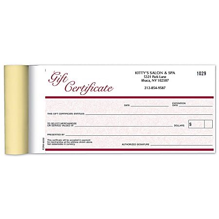 Custom Carbonless Pre-Formatted 2-Part Business Forms, Gift Certificate Book, 7" x 3-5/8", White/Canary, 50 Sets Per Book, Box Of 5