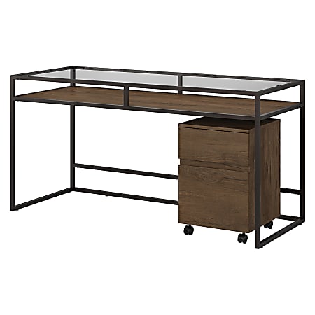 Bush Furniture Anthropology 60"W Glass Top Writing Desk With 2-Drawer Mobile File Cabinet, Rustic Brown Embossed, Standard Delivery