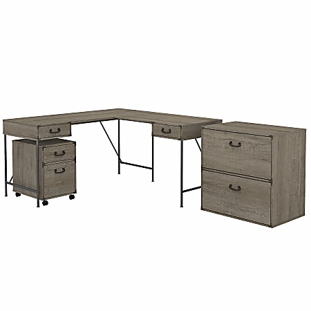kathy ireland® Home by Bush Furniture Ironworks 60"W L-Shaped Writing Desk With File Cabinets, Restored Gray, Standard Delivery