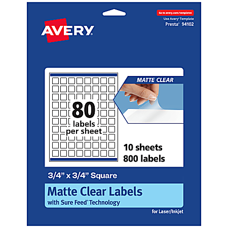 Avery® Permanent Labels With Sure Feed®, 94102-CMF10, Square, 3/4" x 3/4", Matte Clear, Pack Of 800