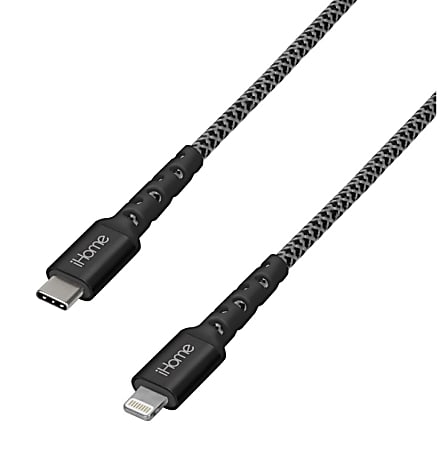 iHome 6' Durastrain Lightning to USB-C Nylon Charge And Sync Cable With Cable Wrap, Black, 2IHLC1023B6L2