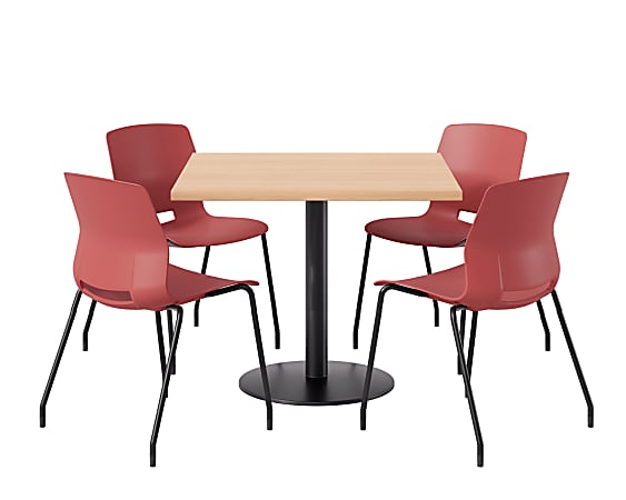 KFI Studios Proof Cafe Pedestal Table With Imme Chairs, Square, 29”H x 36”W x 36”W, Maple Top/Black Base/Coral Chairs