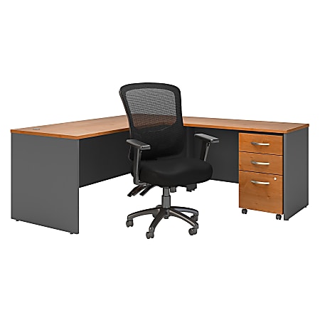 Bush Business Furniture Components 72"W L-Shaped Desk With Mobile File Cabinet And High-Back Multifunction Office Chair, Natural Cherry/Graphite Gray, Premium Installation