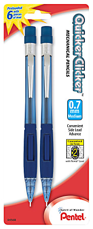 Pentel® Quicker Clicker™ Mechanical Pencil, 0.7mm, #2 Lead, Transparent Blue Barrel, Pack Of 2