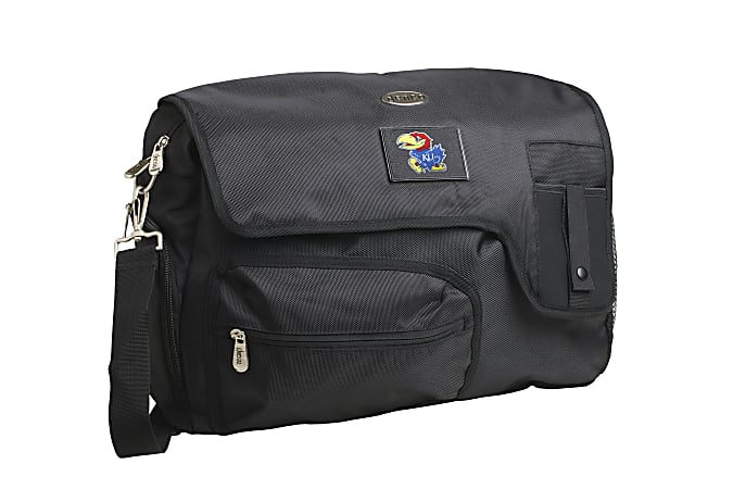 Denco Sports Luggage Travel Messenger Bag With 15" Laptop Pocket, Kansas Jayhawks, 15 1/4"H x 12"W x 1 1/4"D, Black