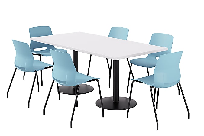 KFI Studios Proof Rectangle Pedestal Table With Imme Chairs, 31-3/4”H x 72”W x 36”D, Designer White Top/Black Base/Sky Blue Chairs