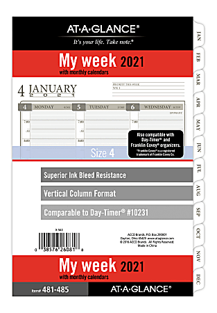 AT-A-GLANCE® Column-Style Weekly/Monthly Planner Refill, Size 4, 5-1/2" x 8-1/2", January to December 2021, 481-485