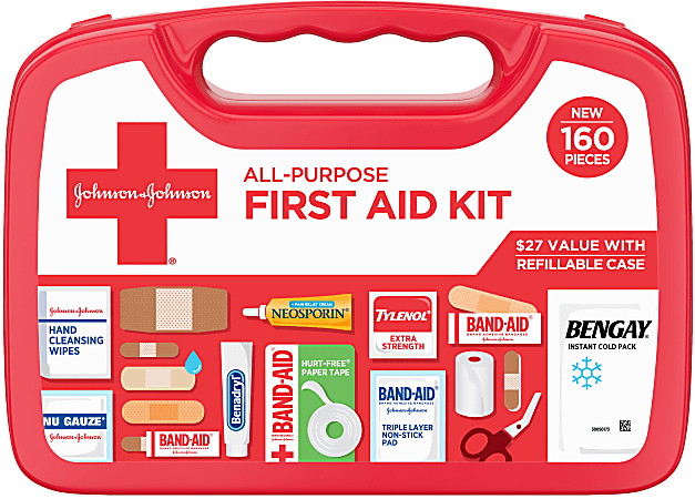 Johnson &amp; Johnson All-Purpose Portable Compact Emergency First Aid Kit, 160 pieces