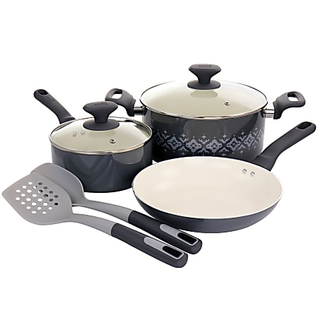 Spice by Tia Mowry Savory Saffron 7 Piece Ceramic Non Stick Aluminum Cookware Set, Gray