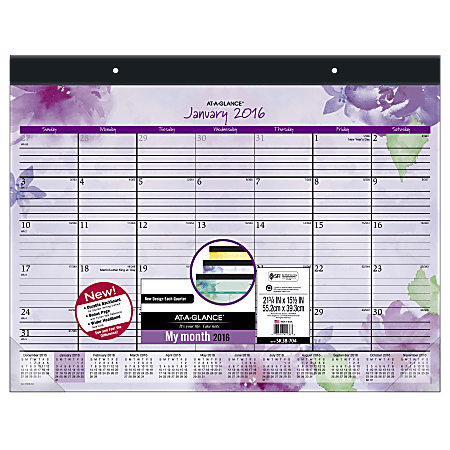 AT-A-GLANCE Fashion Monthly Desk Pad Calendar, 22" x 17", 30% Recycled, Beautiful Day, January-December 2016