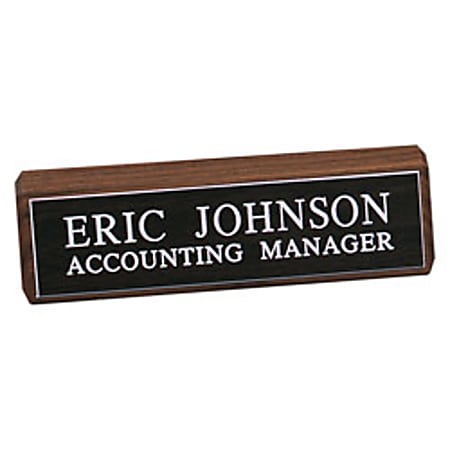 Custom Engraved Plastic Desk Sign With Walnut Desk Bar, 2" x 8"