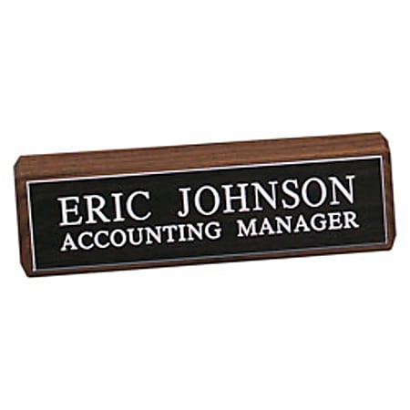 Custom Engraved Plastic Desk Sign With Walnut Desk Bar, 2" x 8"