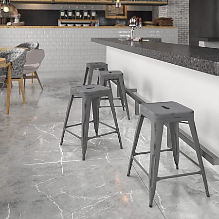 Flash Furniture Commercial-Grade Backless Distressed Indoor/Outdoor Counter-Height Bar Stools, Set Of 4 Bar Stools, Silver
