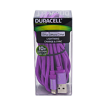 Duracell® Fabric Lightning Cable, 10', Purple, LE2237