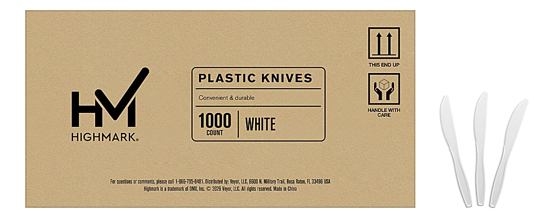 Highmark® Plastic Utensils, Medium-Size Knives, White, Box Of 1,000 Knives