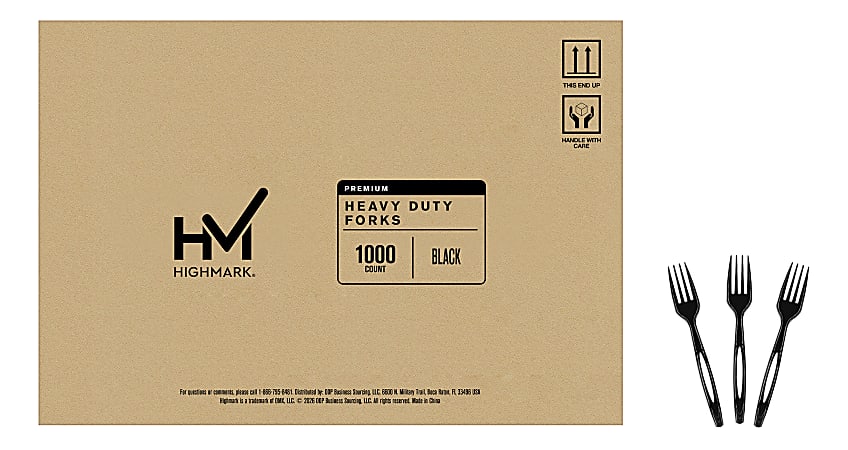 Highmark&reg; Plastic Utensils, Full-Size Forks, Black, Box Of 1,000 Forks
