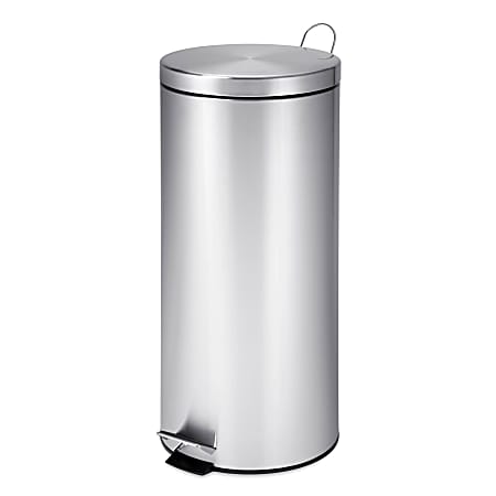 Honey Can Do Round Stainless Steel Step Trash Can With Step Pedal, 30L, Silver
