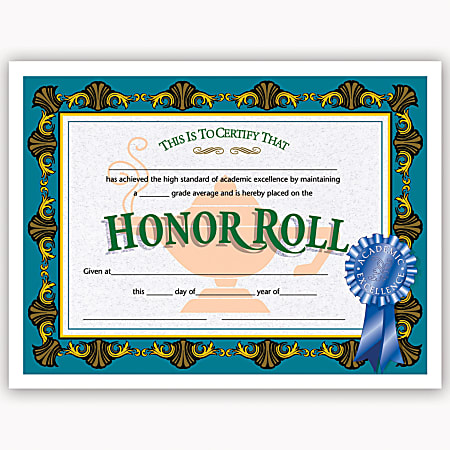 Hayes Publishing Certificates, Honor Roll, 8 1/2" x 11", Multicolor, Pre-K To Grade 12, Pack Of 30
