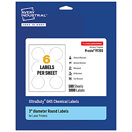 Avery® Ultra Duty® Permanent GHS Chemical Labels, 97205-WMU500, Round, 3" Diameter, White, Pack Of 3,000