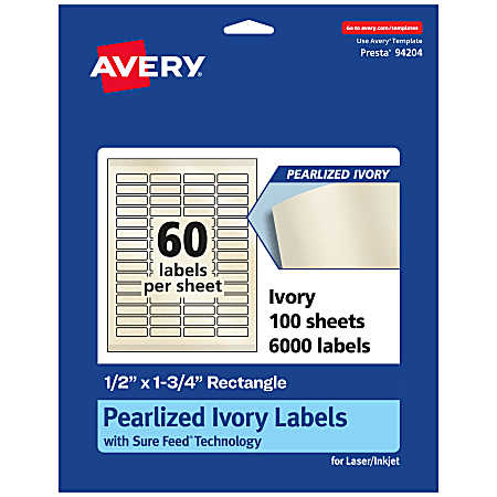 Avery® Pearlized Permanent Labels With Sure Feed®, 94204-PIP100, Rectangle, 1/2" x 1-3/4", Ivory, Pack Of 6,000 Labels