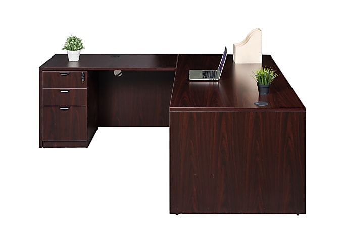 Boss Office Products Holland Series 71"W Executive L-Shaped Corner Desk With File Storage Pedestal, Mahogany