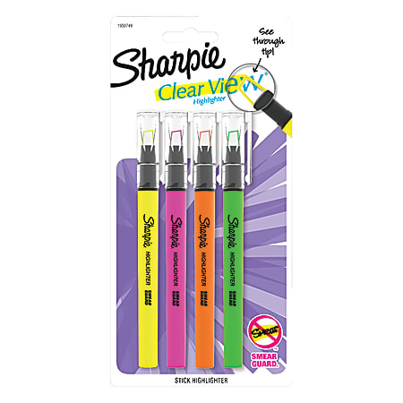 Sharpie® Clear View® Stick Highlighters, Chisel Tip, Assorted Ink Colors, Pack Of 4