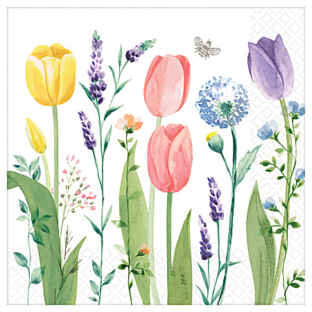 Amscan Spring 2-Ply Dinner Napkins, 8" x 8", Tulip Garden, 16 Napkins Per Sleeve, Pack Of 3 Sleeves