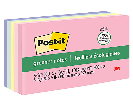 Post-it® Greener Notes, 5 Pads, 3 in x 5 in, Clean Removal, School Supplies and Office Products, Sticky Notes  - 655RPA