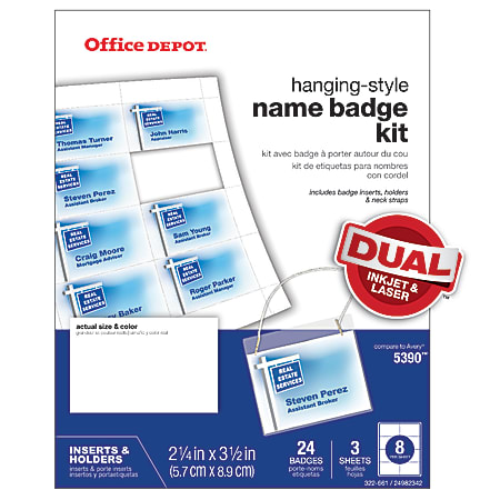 Office Depot® Brand Name Badge Kit, Hanging-Style, Convention Size,  2-1/4" x 3-1/2", Pack Of 24