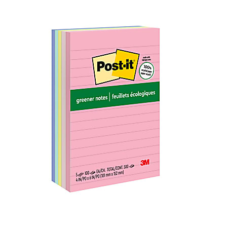 Post-it Greener Notes, 4 in x 6 in, 5 Pads, 100 Sheets/Pad, Clean Removal, Sweet Sprinkles Collection, Lined