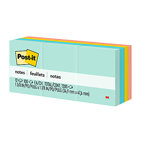 Post-it® Notes, 12 Pads, 1 3/8 in x 1 7/8 in, Clean Removal, School Supplies and Office Products, Sticky Notes  - 653AST