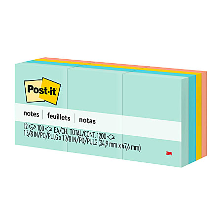 Post-it Notes, 1 3/8 in x 1 7/8 in, 12 Pads, 100 Sheets/Pad, Clean Removal, Beachside Cafe Collection