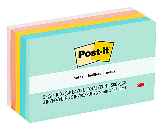 Post-it Notes, 3 in x 5 in, 5 Pads, 100 Sheets/Pad, Clean Removal, Beachside Cafe Collection