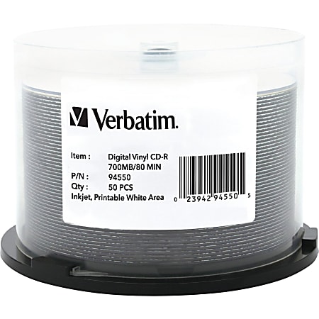 Verbatim CD R 80min 52X with Digital VinylWhite Inkjet Printable Surface Printable 50pk Spindle - Office Depot
